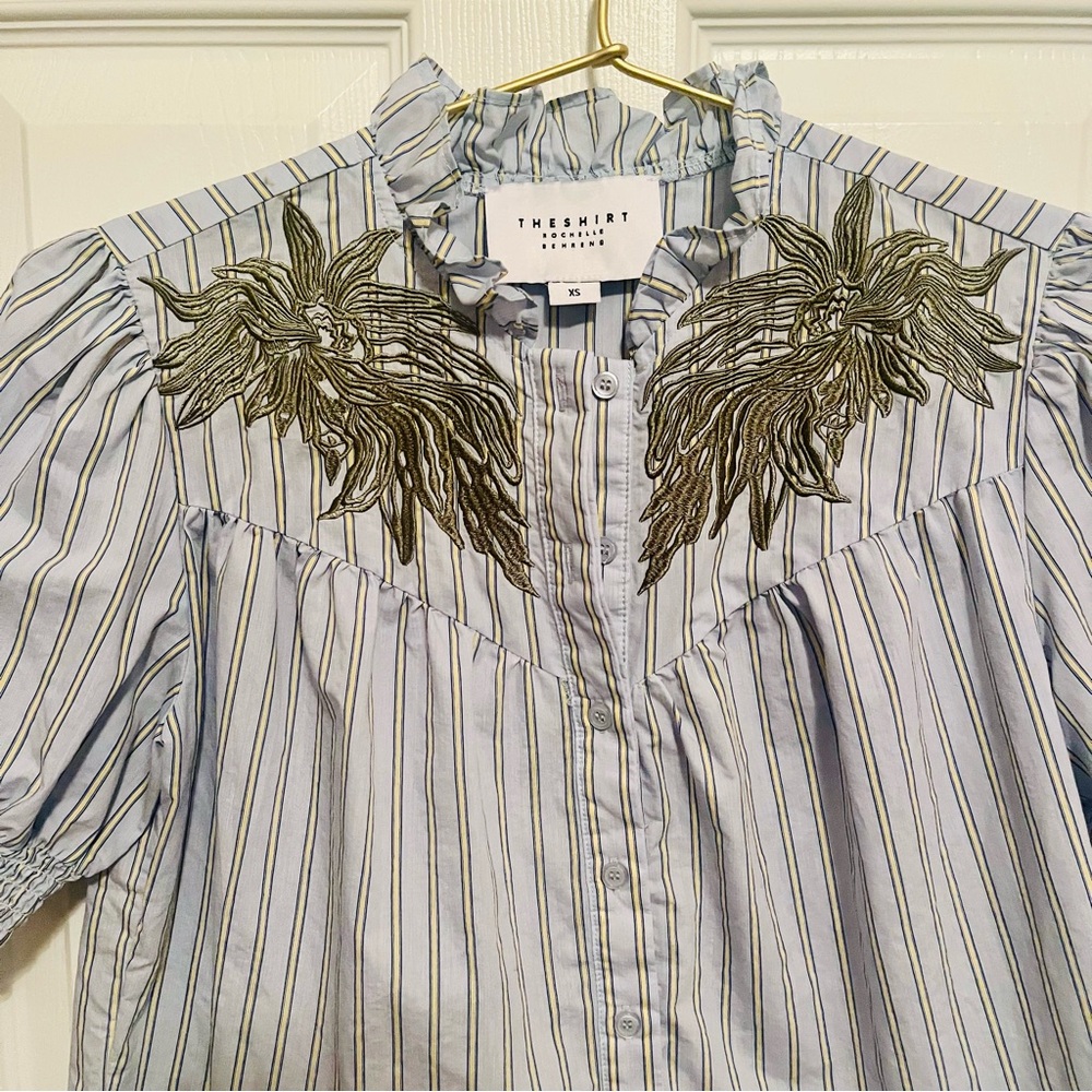 The Shirt by Rochelle Behrens XS Striped Embroidered Puff Sleeve Ruffle Blouse - Picture 4 of 6